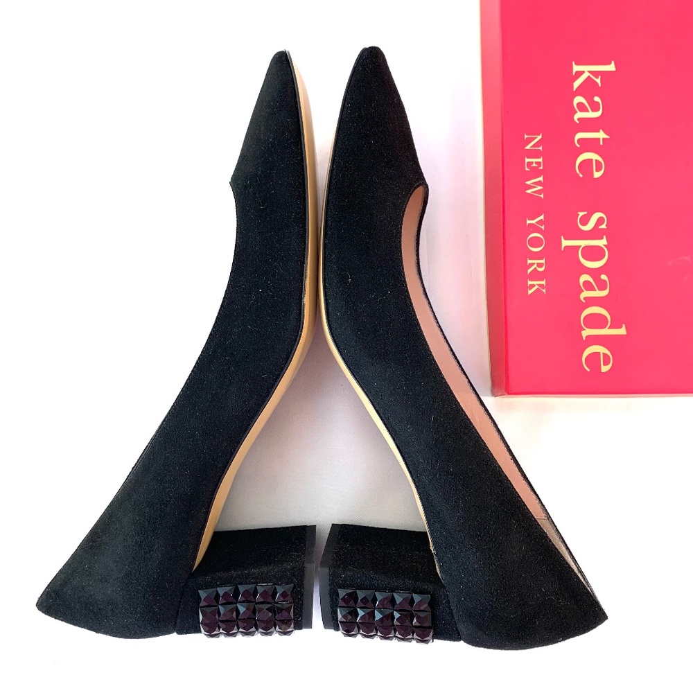 Kate Spade Black Suede Crystal Studded Block Heel Glitter Pump size 9.5 Low Heel